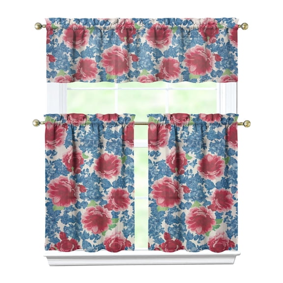 Kitchen Window Curtains over Sink Pioneer Pink Blue Rose 36 Inch 3 Pieces Set Small Window Cafe Curtains for Home Decor Rod Pocket Tier Drapes