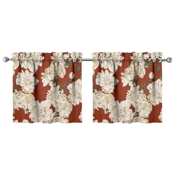 Kitchen Window Curtains over Sink White Flowers on Red Small Window Treatment White Cafe Short Curtains for Bathroom Tier Drapes 27.5x24inch