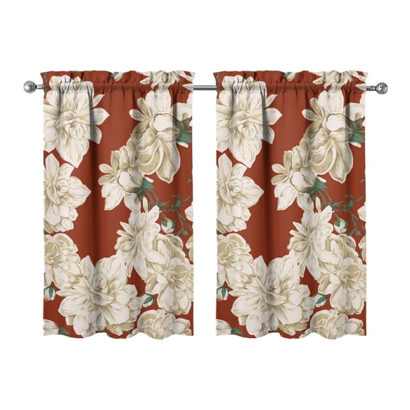 Kitchen Window Curtains over Sink White Flowers on Red Small Window Treatment White Cafe Short Curtains for Bathroom Tier Drapes 27.5x39 Inch