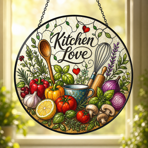 Kitchen Window Hanging Suncatcher, Stained Glass Cooking Gift for Kitchen Love Decor