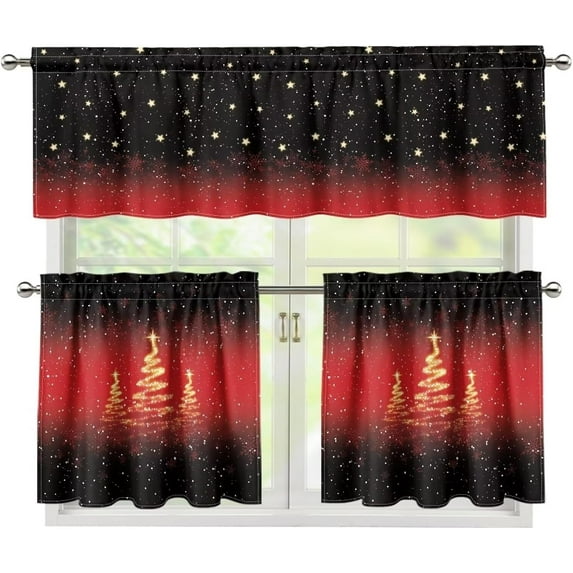 Kitchen Window and Tier Curtains 3 Pieces Set Christmas Snowflakes Xmas Tree Rod Pocket Valances Tiers Short Cafe Curtain Privacy Window Treatment for Bedroom