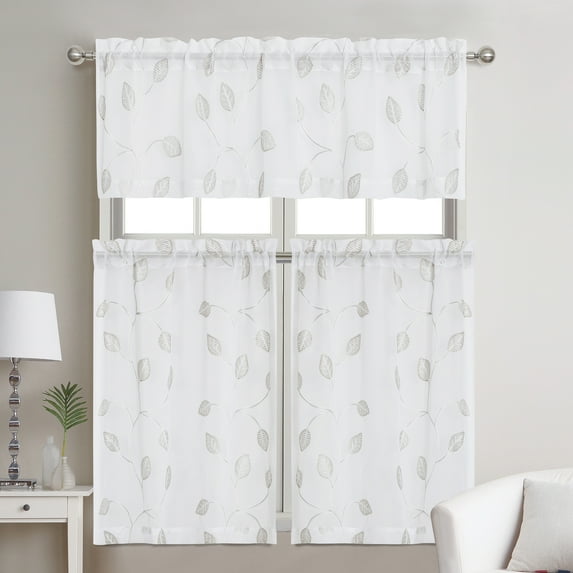Kitchen Window Valance & Tier Curtain Set, Light Filtering Curtains, White/Linen