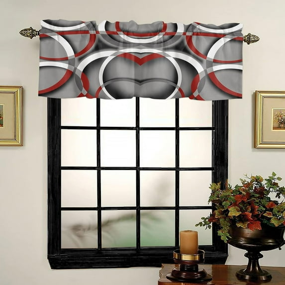 Kitchen Window Valances, Modern Gray Red Rod Pocket Valance Small Window Treatment for Bedroom, Abstract Geometric Curve Valances for Windows Tier Curtain,1 Panel, 54x18inch