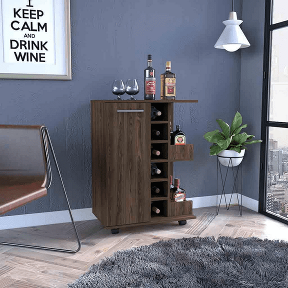 Kitchen Wine Racks Bar Cart, Four Casters, Single Door Cabinet, Two External Shelves, Dark Walnut,Wine Racks For Kitchen Counter