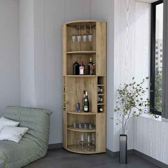 Kitchen Wine Racks FM FURNITURE Clifton Corner Bar Cabinet, with 5 shelves,Cup Hanger and Eight Built-in Wine Rack,Macadamia,Wine Racks For Kitchen Counter