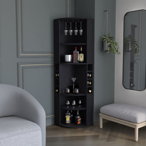 Kitchen Wine Racks Oban Corner Bar Cabinet with Five Shelves , Eight Bottle Cubbies and Steamware Black,Wine Racks For Kitchen Counter