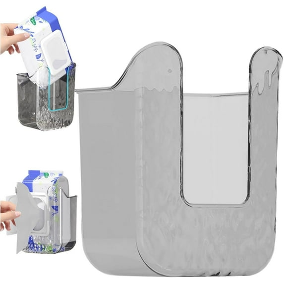 Kitchen Wipes Storage Box, Self-Adhesive Tissue Holder, Flushable Wipes Holder, Wall Mounted Wipe Dispenser Holder, Dust-proof Wipes Dispenser for Kitchen Bedroom Bathroom, Gray