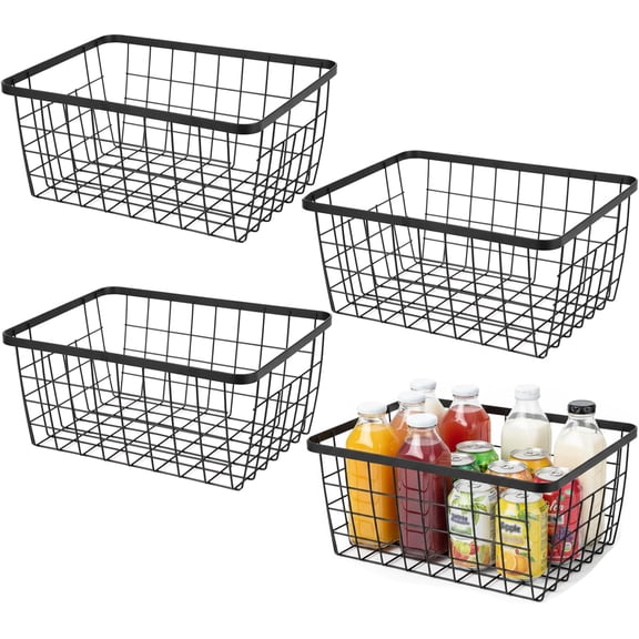 Kitchen Wire Baskets Farmhouse Decor Metal Food Storage Organizer,Household Refrigerator Bin with Built-in Handles for Cabinets,Pantry,Bathroom,Black Black,2 Pack Big