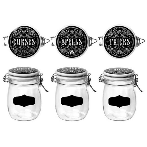Kitchen Witch Alchemy Apothecary Curses Spells Tricks 6" H Glass Jars 3 Pc Set