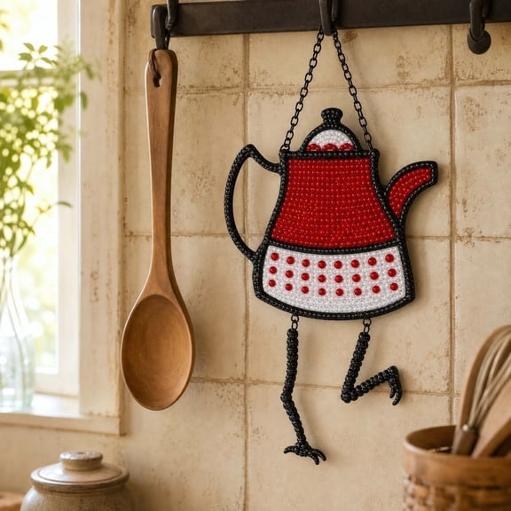 Kitchen Witch Kettle Pattern Knitted Wall Art, Soft Woven Cloth Craft, Lovely Household Kettle Print, Decorative Hanging Fabric Decor for Kitchen Interior Wall & Farmhouse Home Embellishment