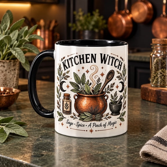Kitchen Witch Sage Copper Cauldron Ceramic Coffee Mug Home Cook Gift