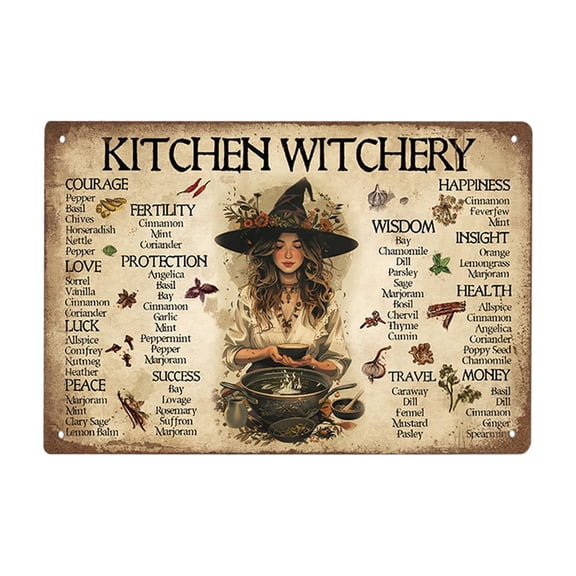 'Kitchen Witchery' Metal Sign, White 30CM, Witch Wall Art for Kitchen, Coffee Bar, Home, Aluminum Construction, Fade-Resistant, Mystical Decor.