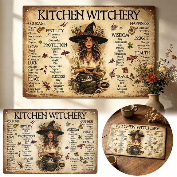Kitchen Witchery Metal Tin Sign, Vintage Herbal Magic Wall Art, Retro Witchy Kitchen Decor, Rustic Witchcraft Spices Guide Plaque