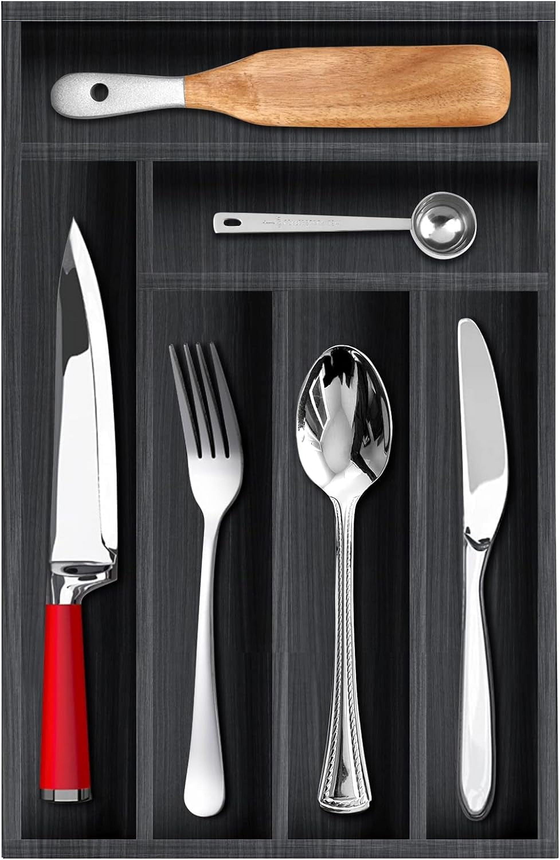 Kitchen Wood Utensil Tray Silverware Drawer Organizer Wooden Cutlery Trays Flatware Organizers Divider 14.6"x9.5" Silverware Tray Spoon Fork Organizer Black Bamboo Cutlery Utensil Holder for Drawer