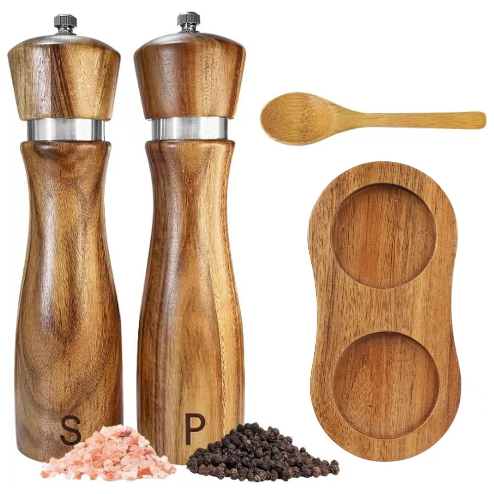 Kitchen Wooden Salt and Pepper Grinder Set: Refillable Salt & Pepper Mills Adjust for Customized Coarseness, Crafted of Solid Wood with Ceramic/Stainless Steel Core, 8 Inches Each