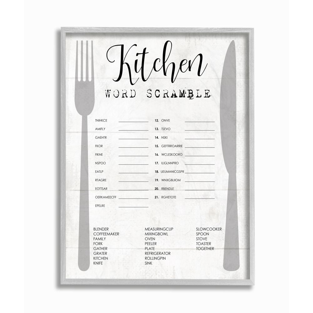 Kitchen Word Scramble Fun Family Word Design Gray Farmhouse Rustic Framed Giclee Texturized Art by Daphne Polselli
