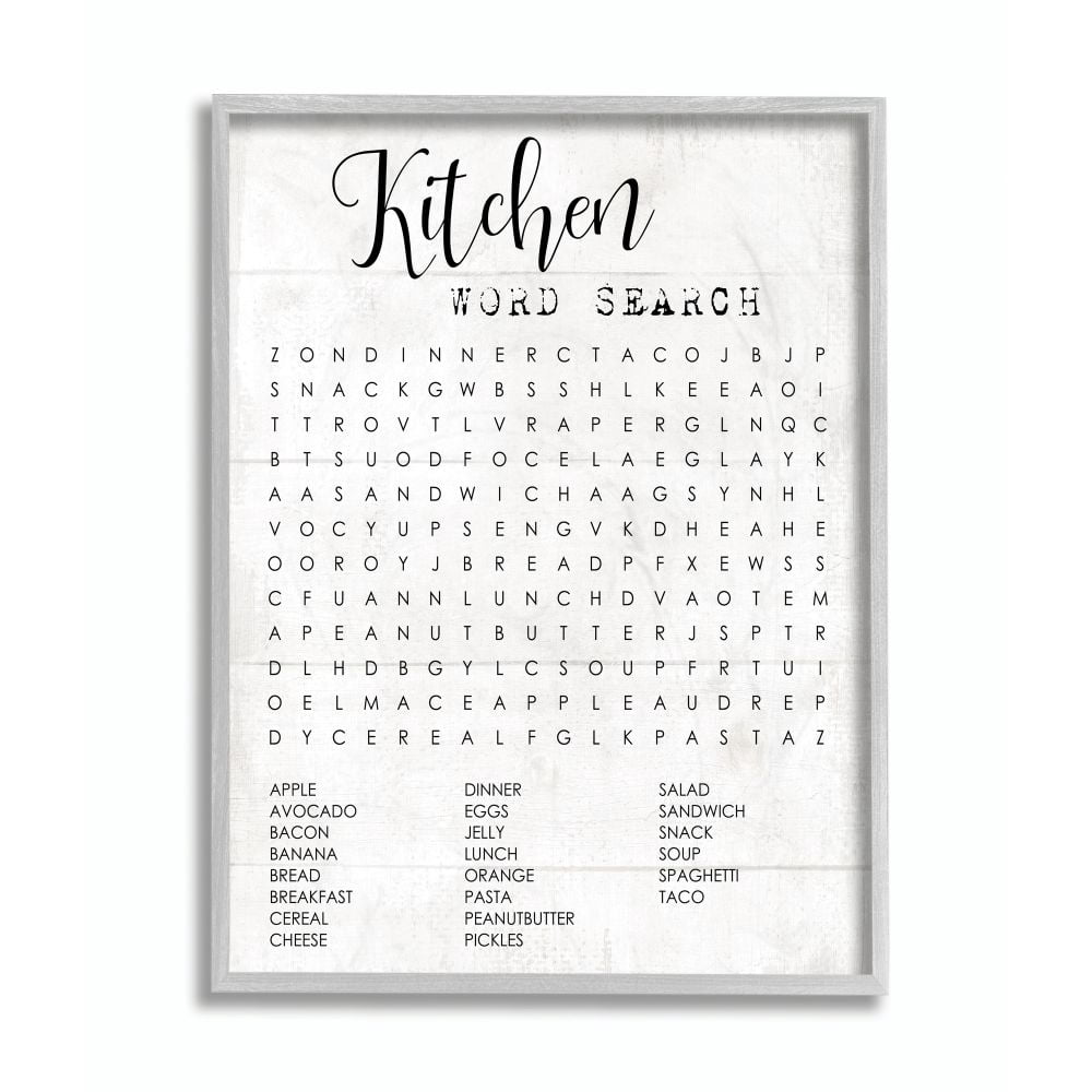 Kitchen Word Search Family Word Design Gray Farmhouse Rustic Framed Giclee Texturized Art by Daphne Polselli