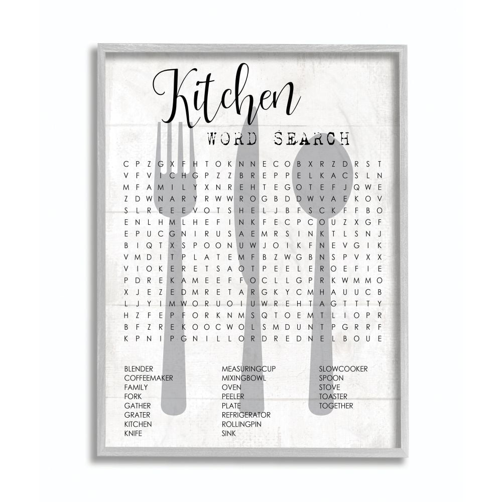 Kitchen Word Search Fun Family Word Design Gray Farmhouse Rustic Framed Giclee Texturized Art by Daphne Polselli