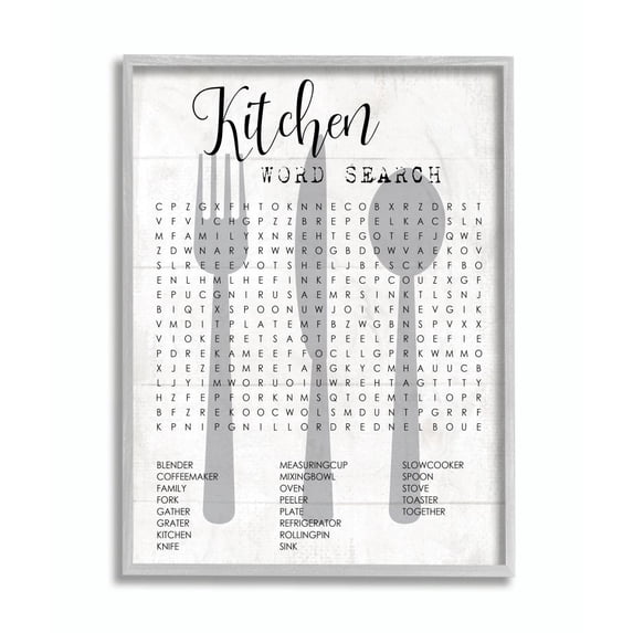 Kitchen Word Search Fun Family Word Design Gray Farmhouse Rustic Oversized Framed Giclee Texturized Art by Daphne Polselli