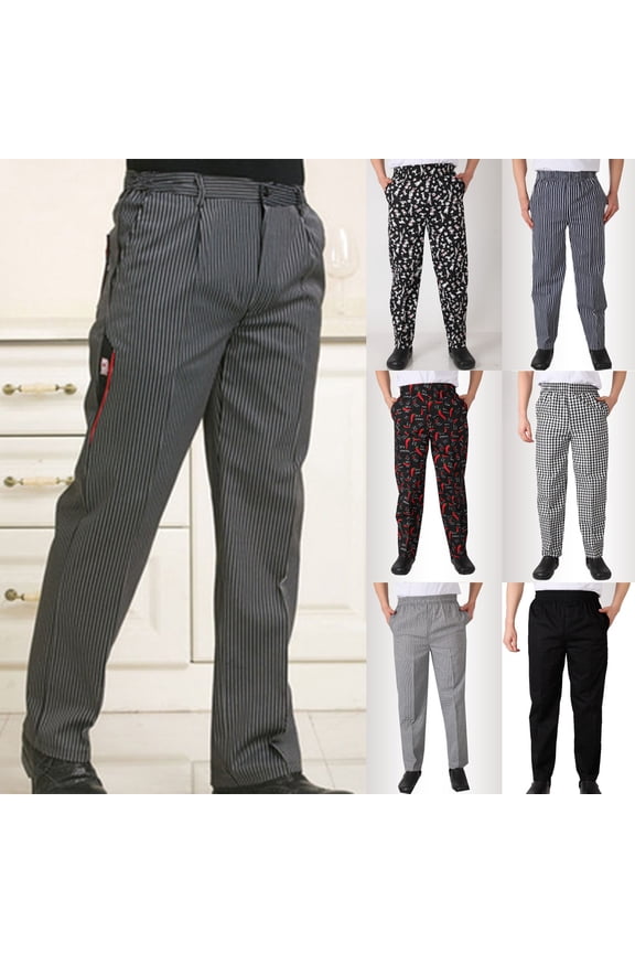 Kitchen Work Pants for Men Striped Elastic Waist Relaxed Pants Restaurant Uniform Pants Chef Pants