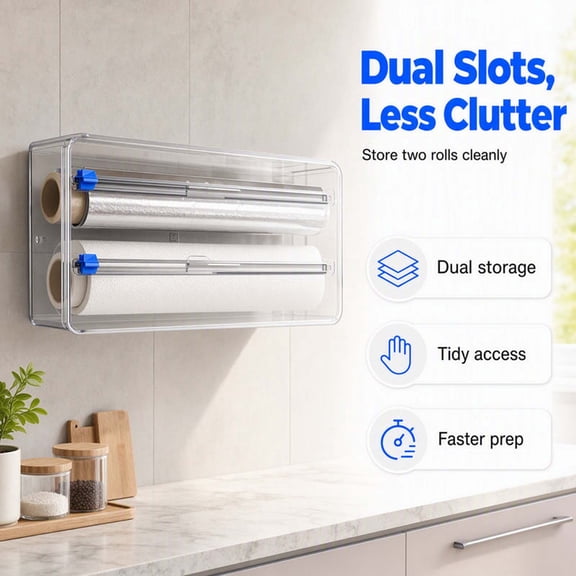 Kitchen Wrap Organizer with Dual Sliding Cutter, Cling Film Dispenser Box for Wall Mount, Plastic Storage Container for Aluminum Foil and Wax Paper, Kitchen Wrap Storage Box, Wrap Box With Slider