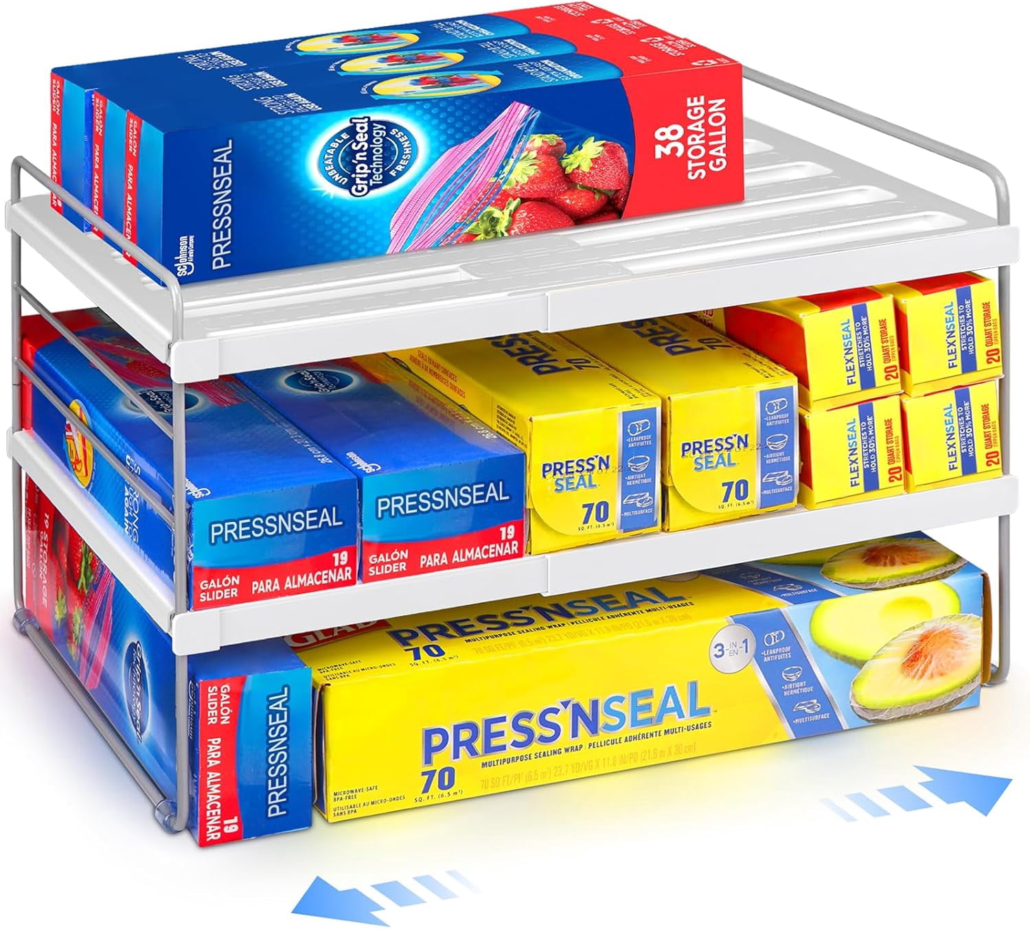Kitchen Wrap Organizer, Expandable Pantry Organizers and Storage, 3-Tier Foil and Plastic Wrap Organizer for Cabinet, Adjustable Shelf for Tin Foil, Ziplock Box, Saran Wrap (9.8-15.6")