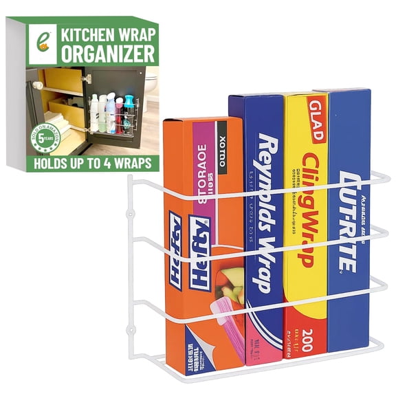 Kitchen Wrap Organizer - Hold Up To 4 Plastic Foil Paper Wax Cabinet Door Wall Rack Basket Sandwich Freezer Food Bag Storage Laundry Supplies Coated Metal