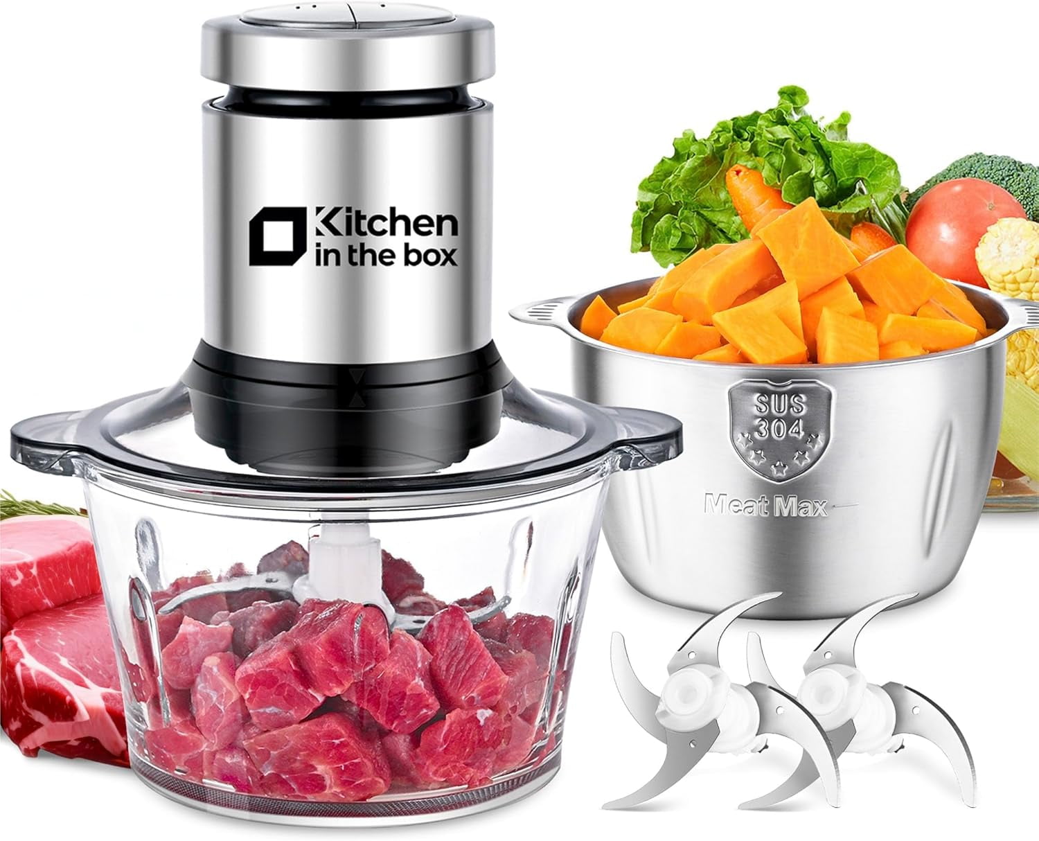 Kitchen in the box Food Processor, Electric Meat Grinder & Food Chopper with 400W Powerful Veggie Chopper-2 Bowls（8 Cup+8 Cup） & 2 Bi-Level Blades for Meat/Fish/Vegetable/Baby Food（Black Button）