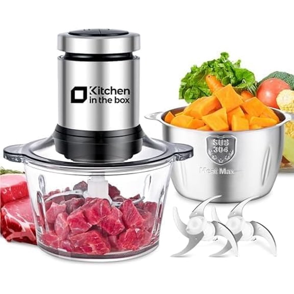 Kitchen in the box Food Processor, Electric Meat Grinder & Food Chopper with 400W Powerful Veggie Chopper-2 Bowls(8 Cup+8 Cup) & 2 Bi-Level Blades for Meat/Fish/Vegetable/Baby Food(Black Button)