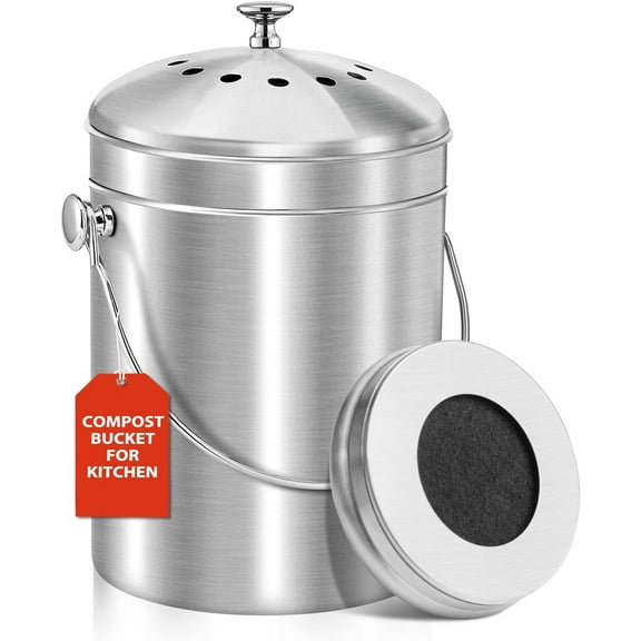 Kitchen countertop compost bin, 1.3 gallon matte copper-colored stainless steel compost bin, with lid, odorless food waste bin, comes with 2 activated carbon filters, indoor compost bin.