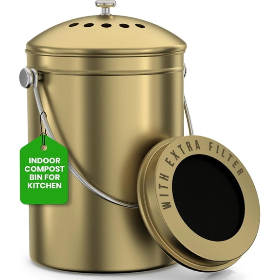 Compost Bin for Kitchen Countertop, 1 Gallon Compost Bucket for Kitchen with Lid, Includes 1 Spare Charcoal Filter (Silver)