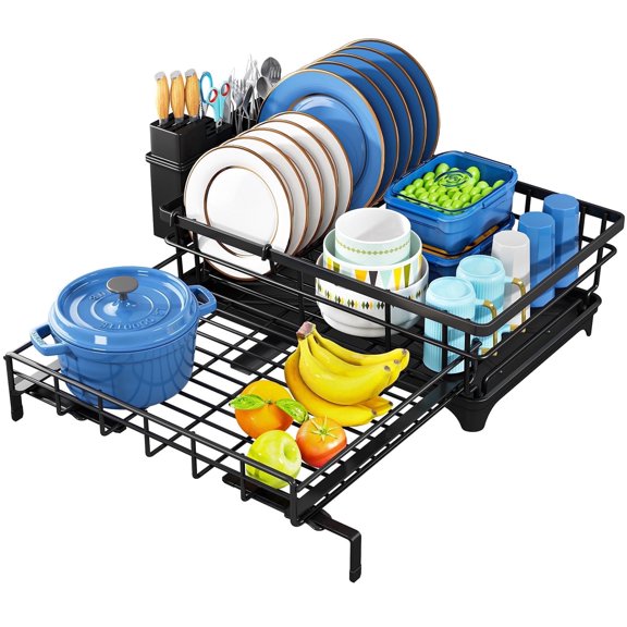 Retractable, Expandable, Automatic Drainage, Over-Sink Storage, Cutlery Organizer, Black Dish Drying Rack