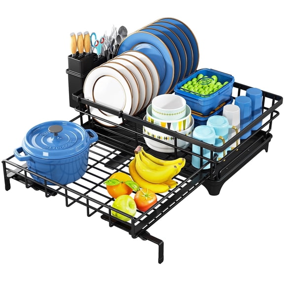 Retractable, Expandable, Automatic Drainage, Over-Sink Storage, Cutlery Organizer, Black Dish Drying Rack
