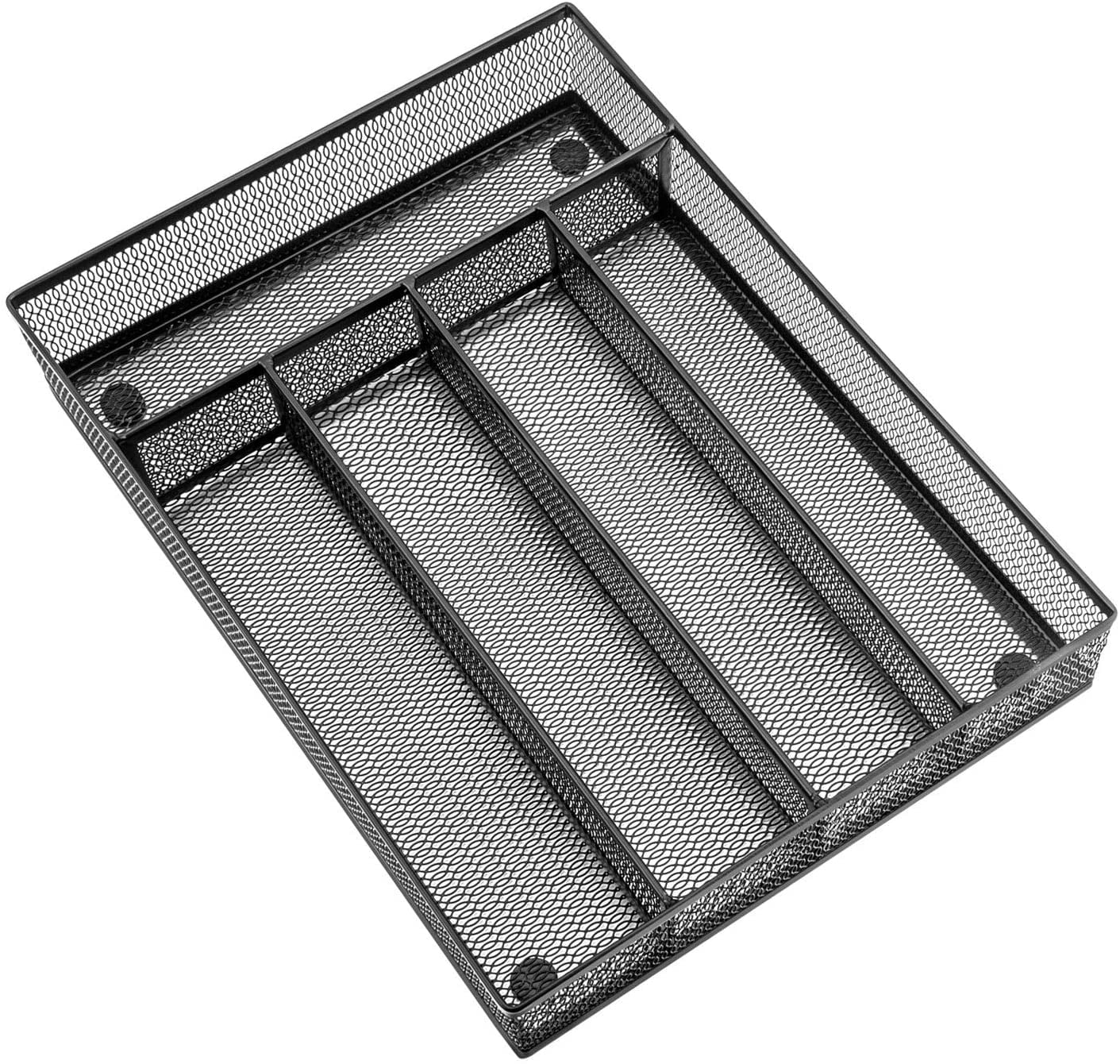 Kitchen drawer organizer, stainless steel utensil separator, with anti-slip foam feet stainless steel knife storage tray, 5 compartments, 12.5 x 9.2 inches, black