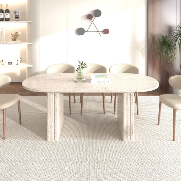 Kitchen extendable dining table for 4-8 people, oval kitchen table with wooden strip base for family living room (travertine inspired )