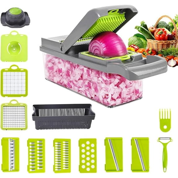 Kitchen ideas Veggie slicer 16 pieces (Gray, 1) 16 pieces hand operated vegetable slicer, veggie chopper, food chopper, onion cutter.
