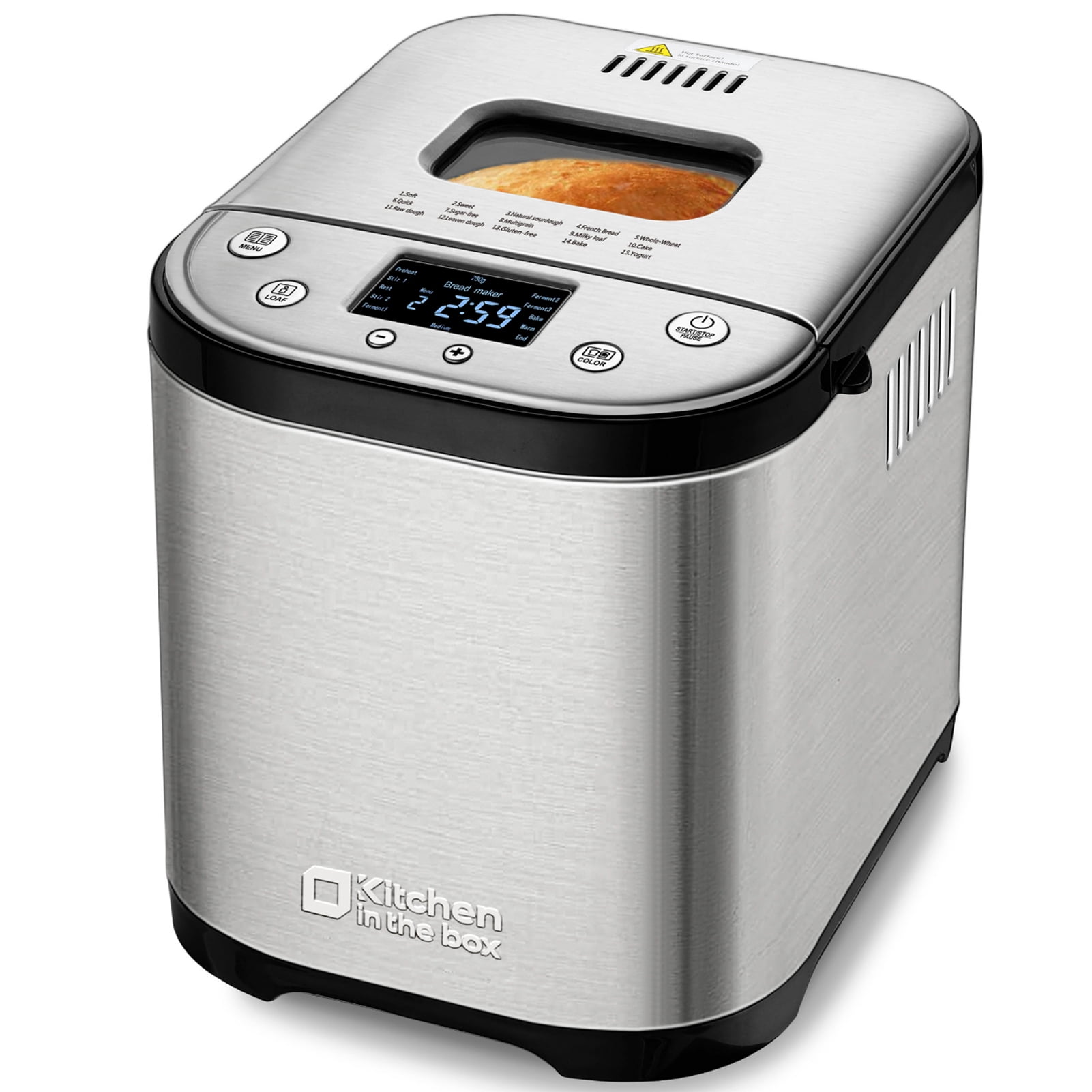 Kitchen in the box 15-in-1 Bread Machine, 2LB Stainless Steel Automatic Bread Maker with Recipes-Silver