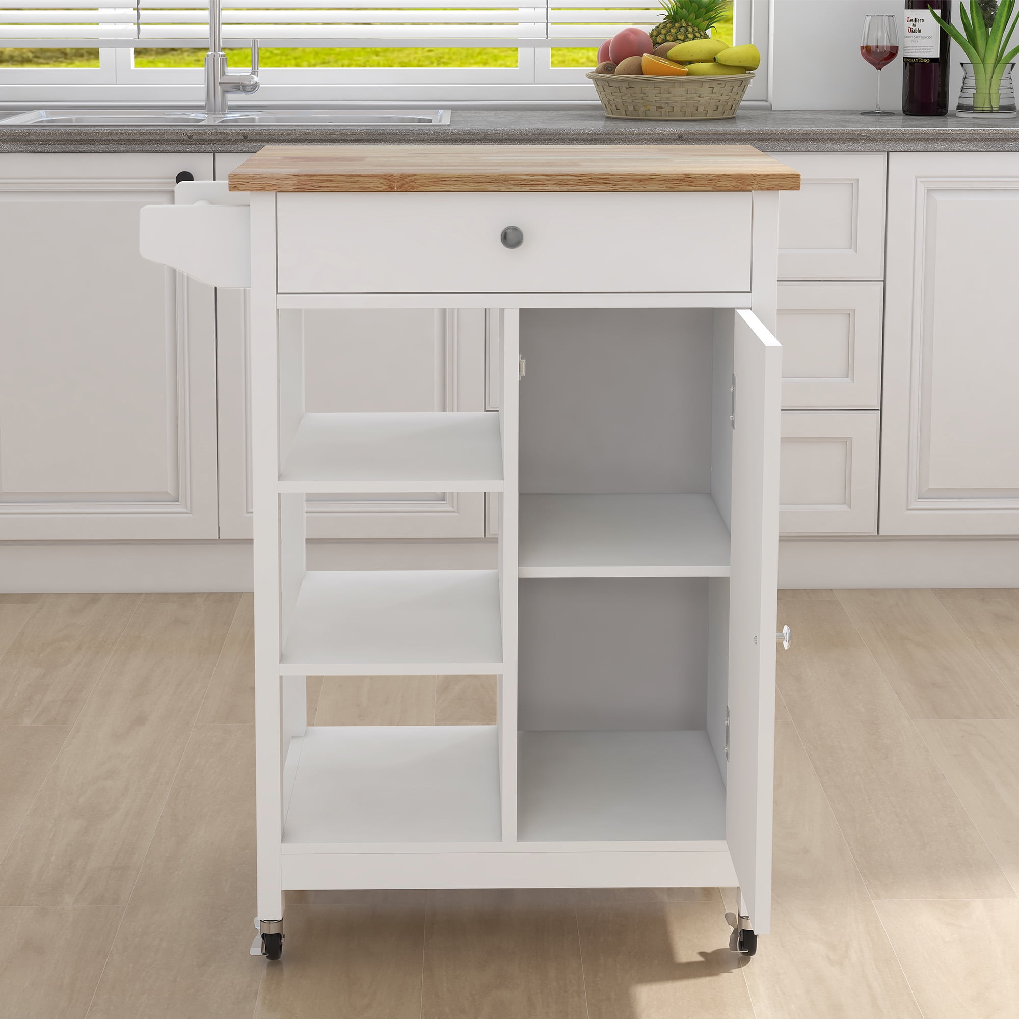 Kitchen Island Rolling Trolley Cart with Adjustable Shelves and Towel Rack Rubber Wood Table Top&nbsp;