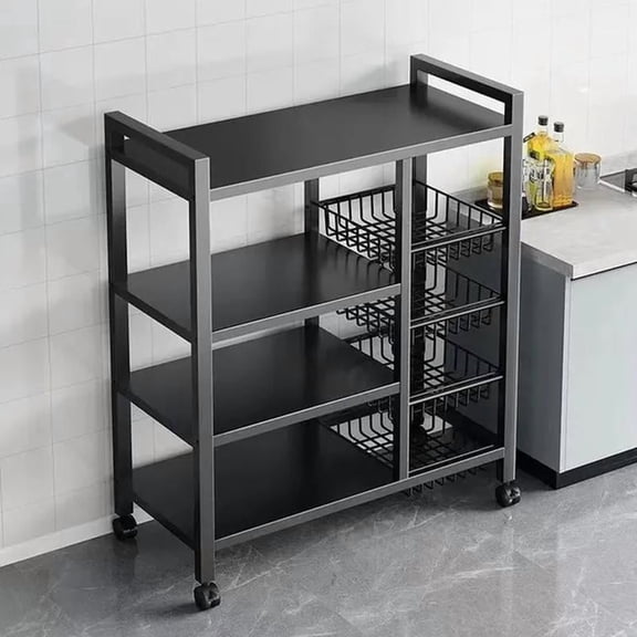 Kitchen mobile storage rack, carbon steel mesh basket rack with sliding wheels, metal collection rack