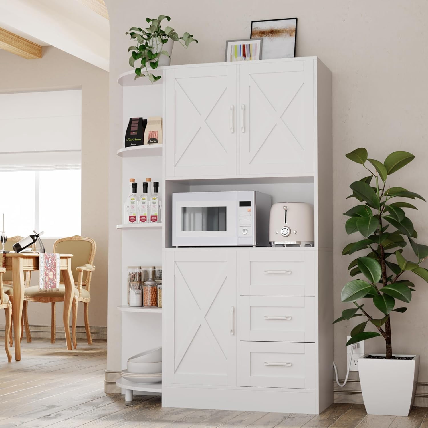HOMCOM White Microwave Cabinet With Hutch & Drawer | Adjustable Shelf Storage For Kitchen, Dining, Or Living Room