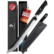Kitchen Perfection Handmade 12 in Brisket Knife, San Mai Steel Meat Carving & Slicing Knife with Leather Sheath