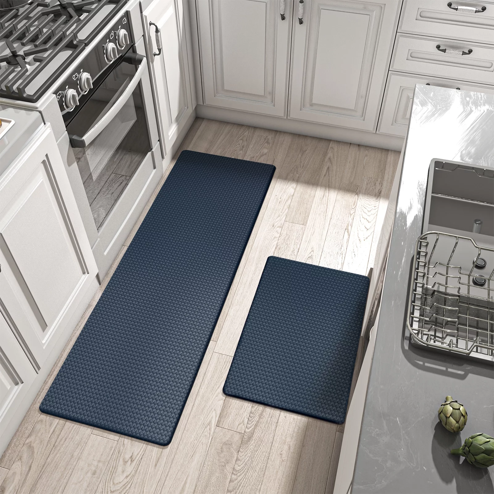Kitchen rugs,Non Slip Kitchen Floor Mat,Comfort Mat for Kitchen,Anti Fatigue  Runner Standing Rug Set of 2,17.5x30+17.5x60, Black 