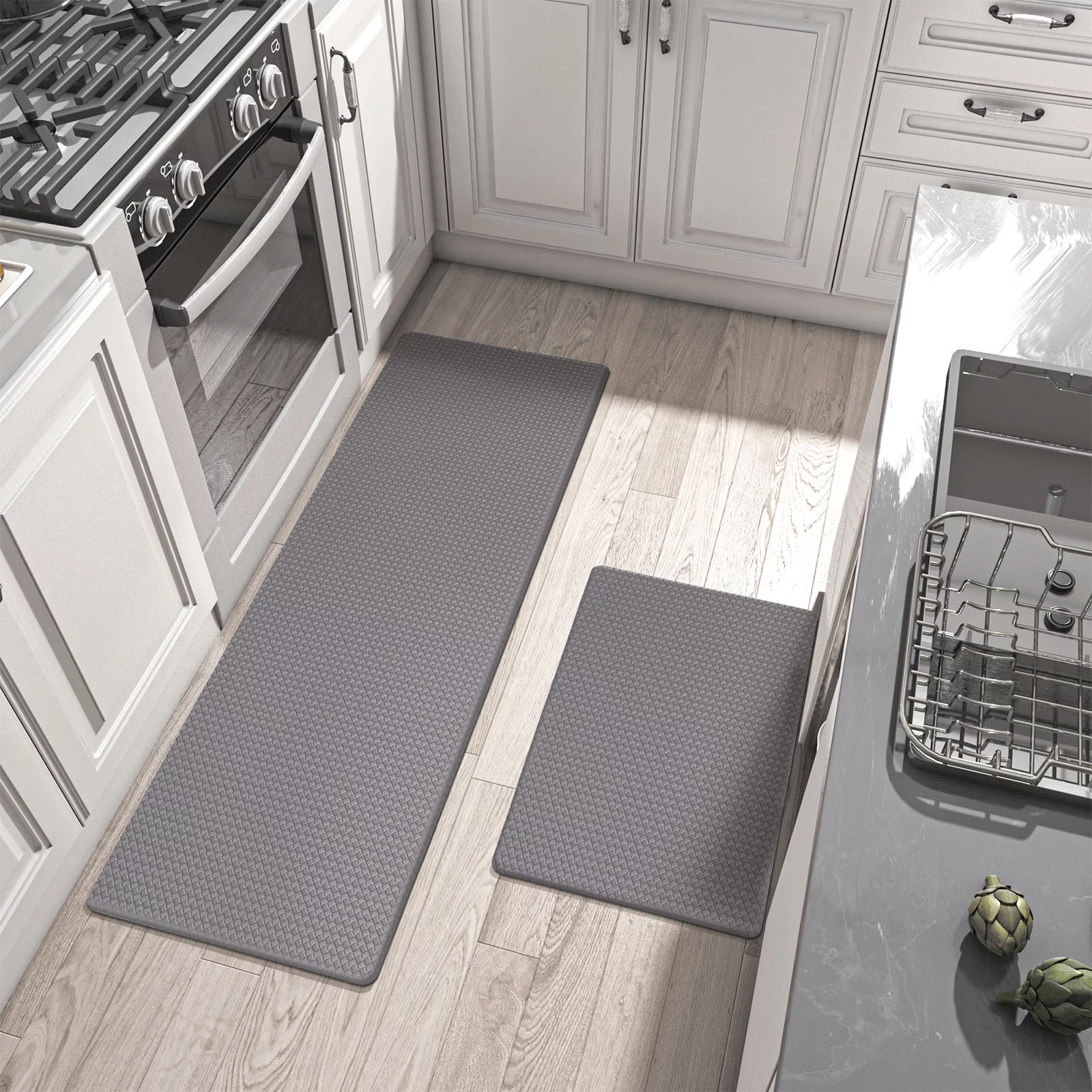 Kitchen Mat, 2 PCS Kitchen Rugs, Cushioned Kitchen Mats for Floor,  Anti-Fatigue Mat, Kitchen Rug Set, Non-Skid Standing Mat for Kitchen,  Office, Sink, 17.3×30+17.3×47, Grey