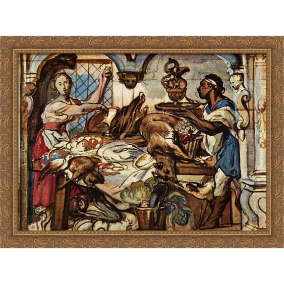 Kitchen scene 36x28 Large Gold Ornate Wood Framed Canvas Art by Jacob Jordaens