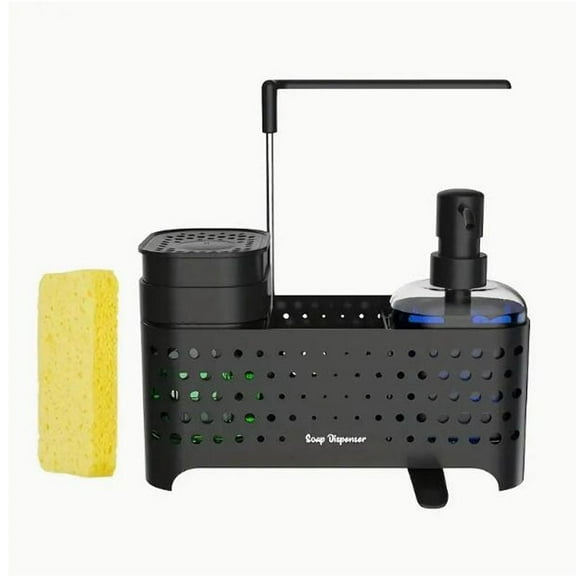 Kitchen soap dispenser set, sponge holder suitable for kitchen sink, hand and dish soap dispenser with sink rack - 5-in-1 design, anti-slip drainage water kitchen sink storage box (black)