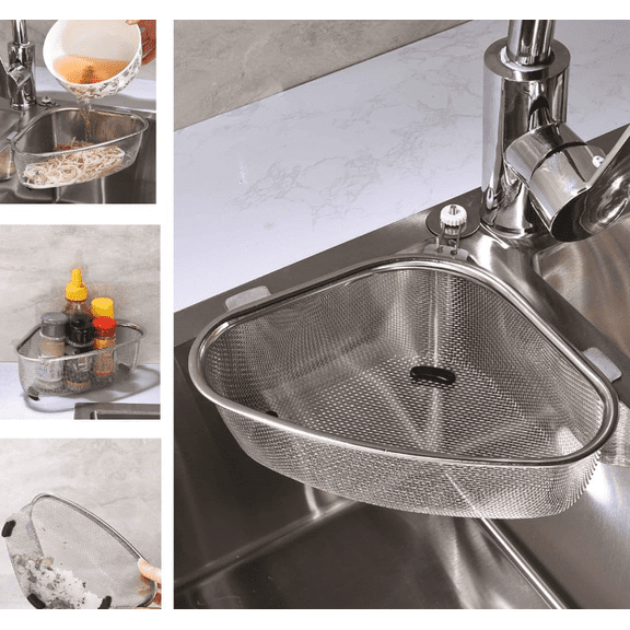 Kitchen triangular sink filter, corner sink filter, multifunctional sink drainage filter basket, stainless steel food trap filter for kitchen garbage, vegetables, and fruits (silver)