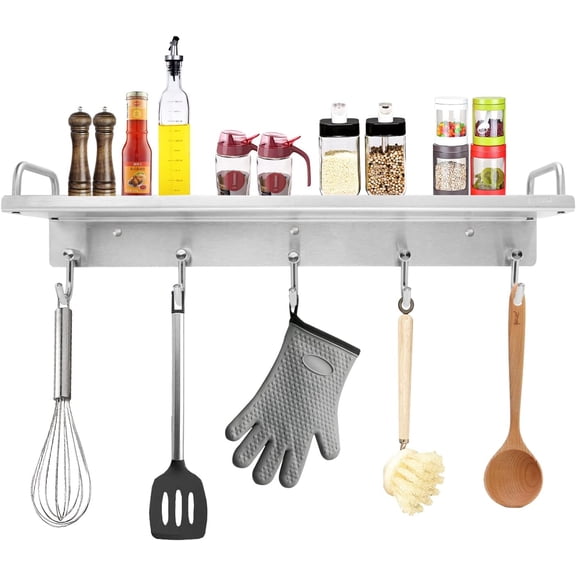 Kitchen utensil rack, wall-mounted spice rack with hook, top of stove rack, stainless steel, hanging storage rack wall rack for spatula, seasoning can rack