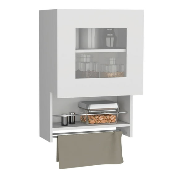 Kitchen wall cabinet 29" H, with towel rack and spice rack, one door, two internal shelves, white