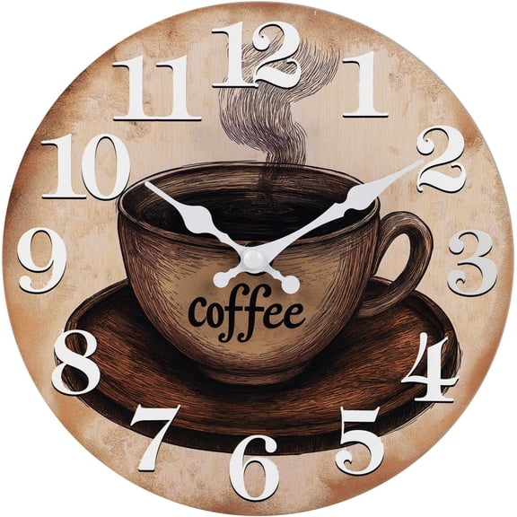 Kitchen wall clock coffee cup theme retro modern glass clock, suitable for coffee shop, restaurant, farm decoration - 12 inches, housewarming gift