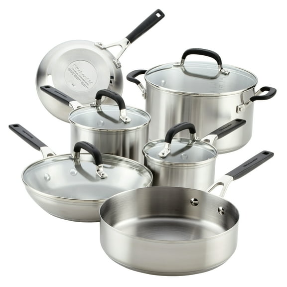 KitchenAid Stainless Steel 10 Pcs Cookware Set Induction Compatible, Metal Utensil and Dishwasher Safe, Brushed Stainless Steel